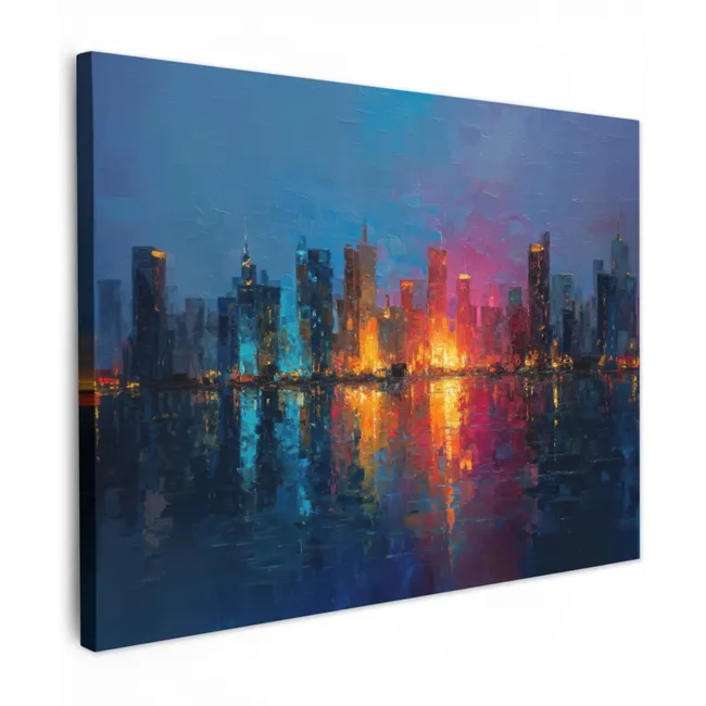Leinwandbild - Skyline - Pinselstriche - Dunkelblau - Leuchtend