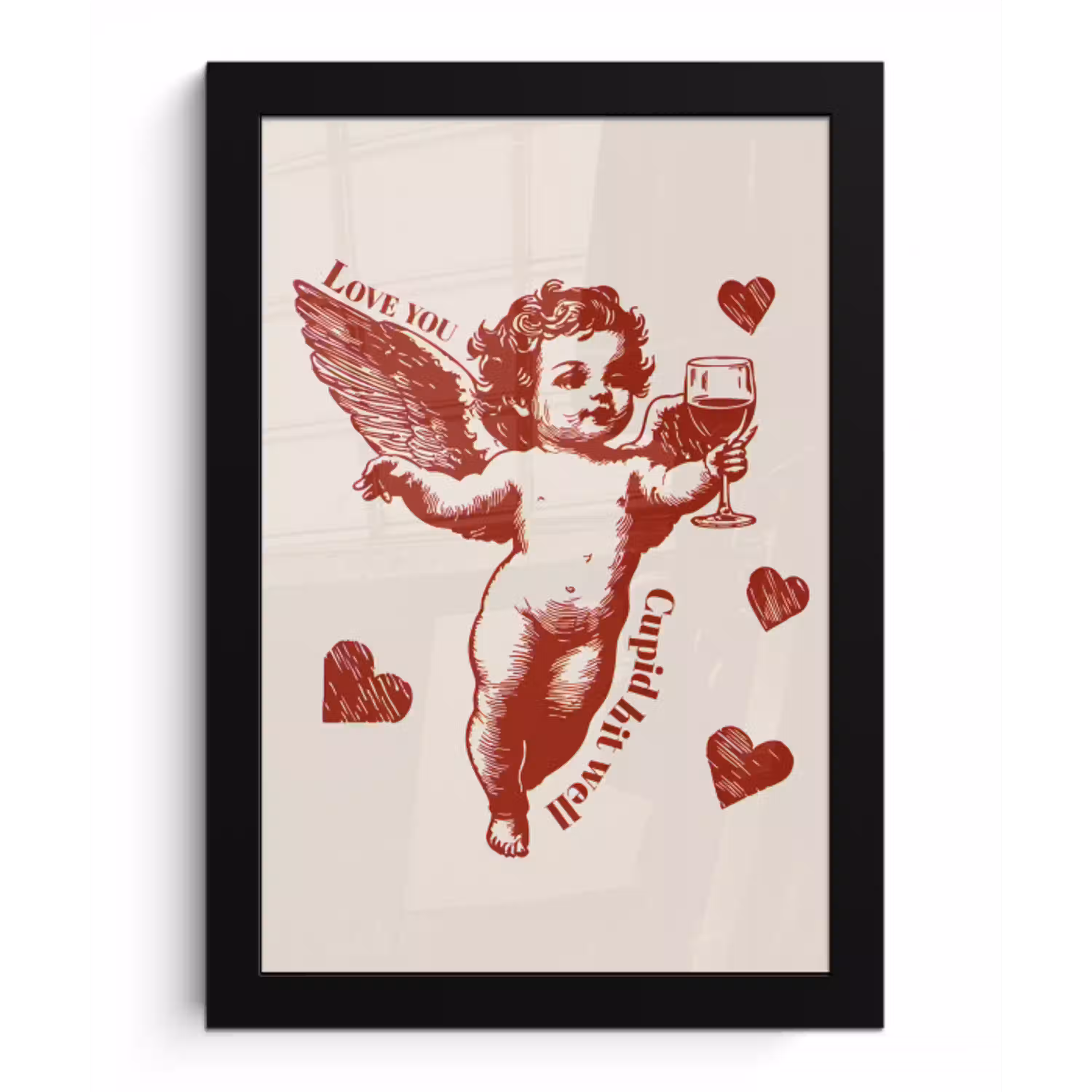 Cupido - Hartjes - Rood - Klassiek fotolijst zwart zonder passe partout klein -3d