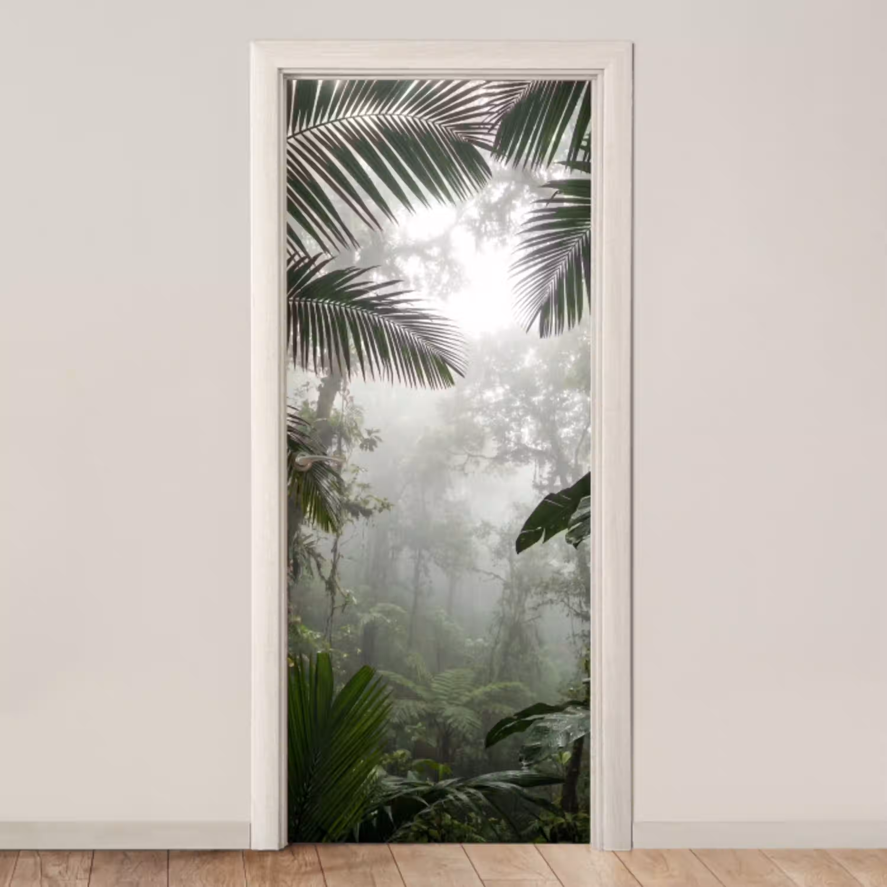 Natuur - Jungle - Mist - Groen - Bladeren deurposter klein -3d_beige