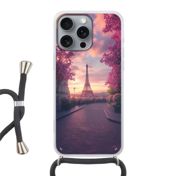 Eiffeltoren - Parijs - Roze Hoesje iPhone 16 Pro Max met koord klein -3d