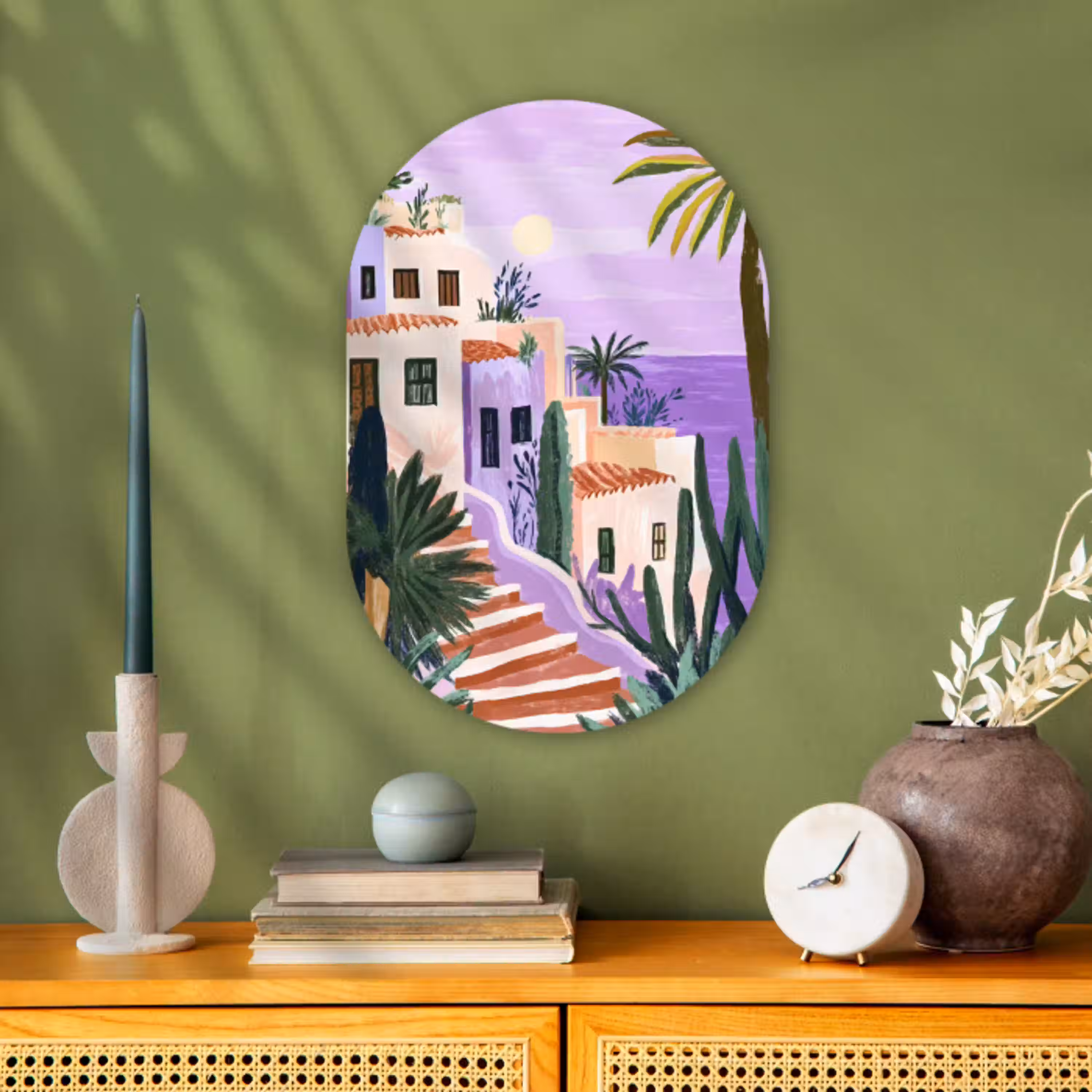 Huizen - Minimalistisch - Palmbomen - Kust Wandcirkel Ovaal Forex klein -sfeer2