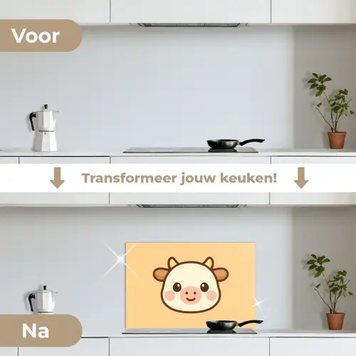 Koe - Oranje - Cartoon keuken achterwand spatscherm klein -voor_na_NL