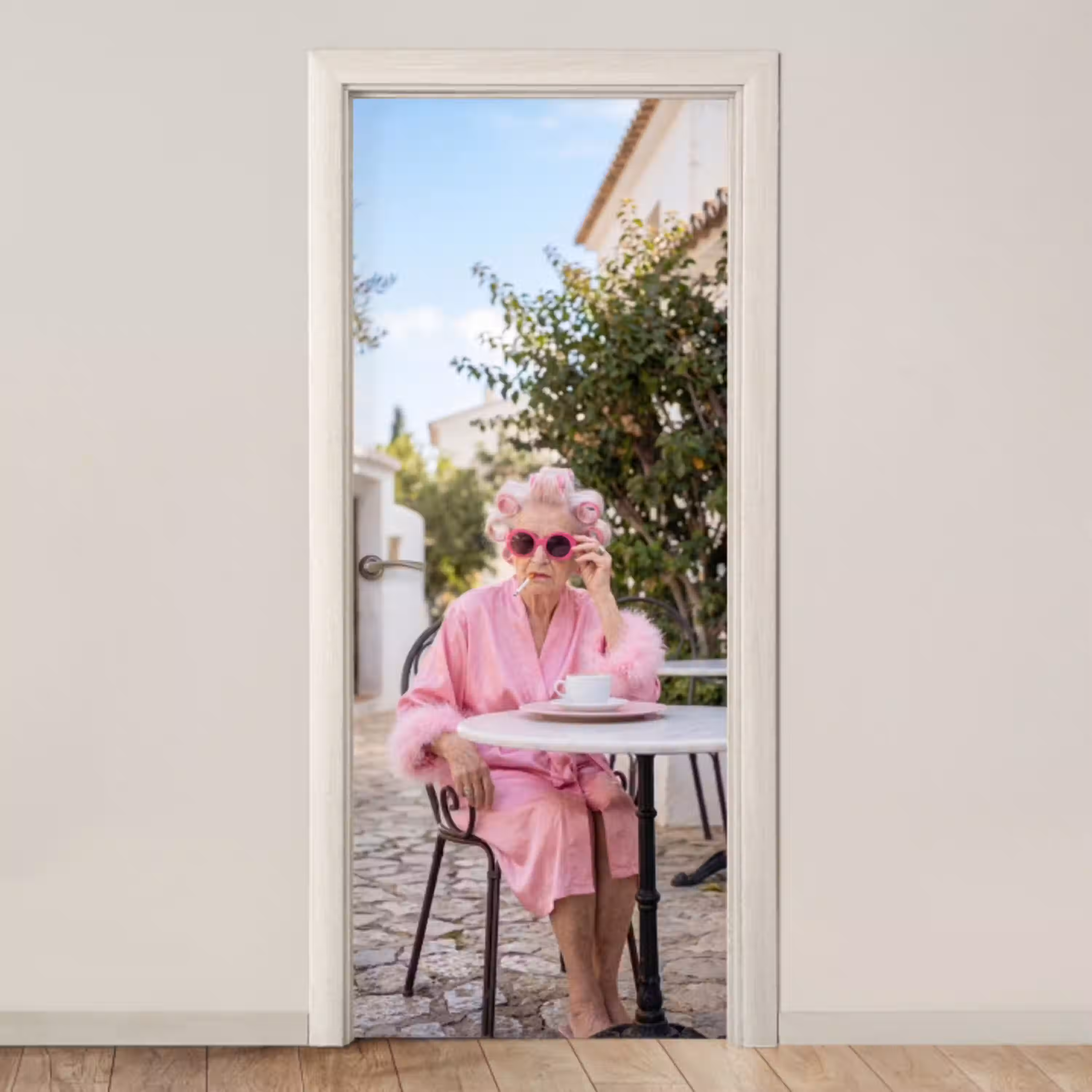 Ochtendjas - Krulspelden - Roze deurposter klein -3d_beige