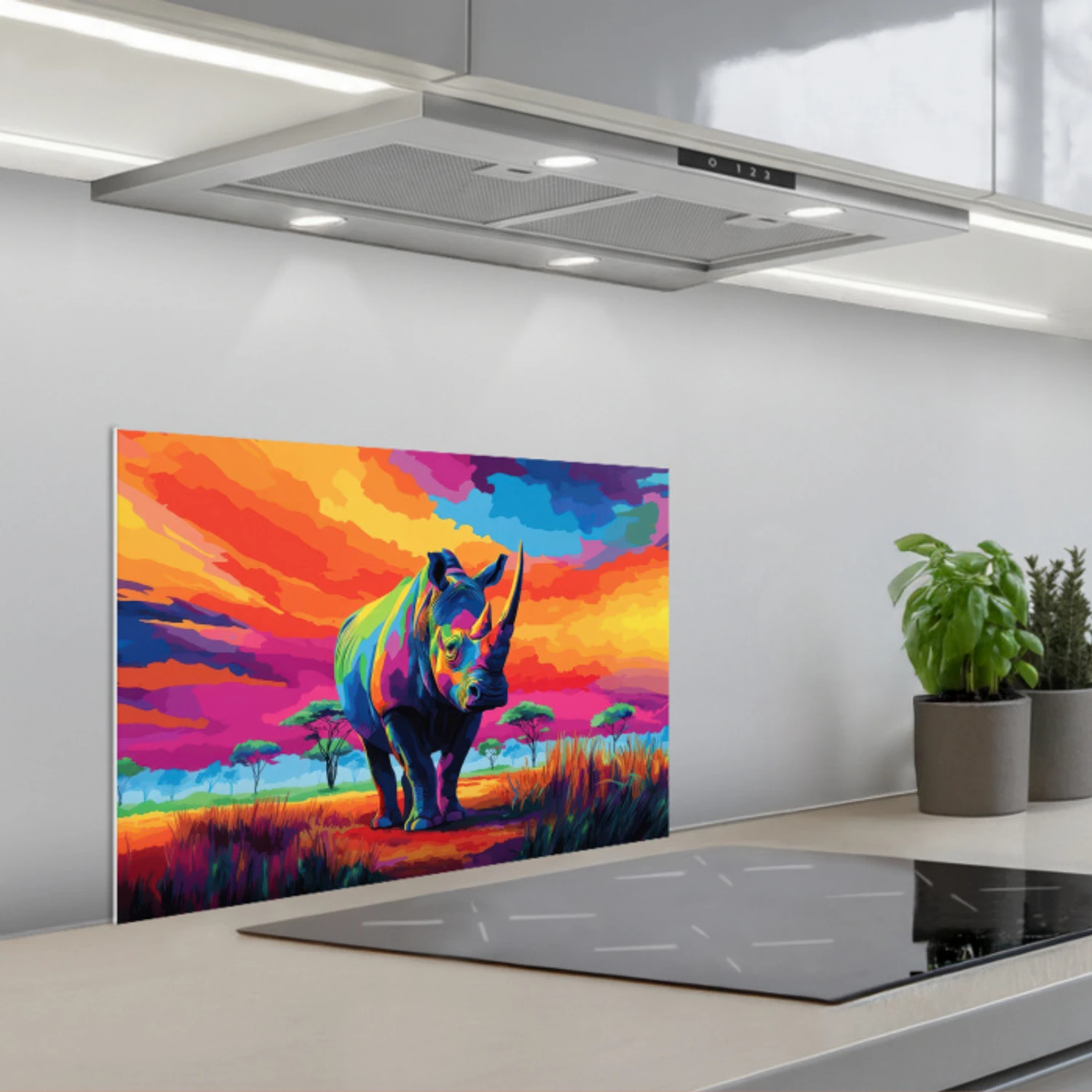 Neushoorn - Zonsondergang - Savanna - Kleurrijk keuken achterwand spatscherm klein -3d_schuin
