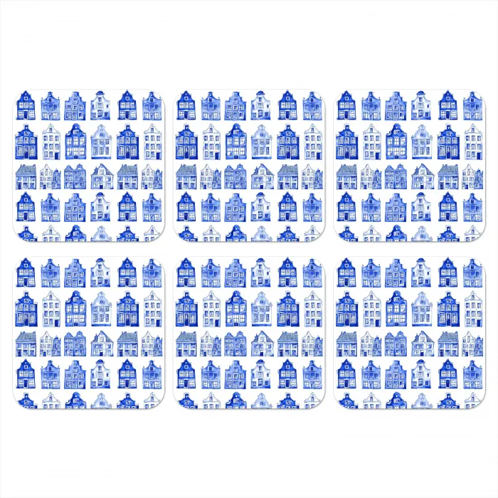 Patroon - Huizen - Blauw onderzetter kurk middel 366 -3d