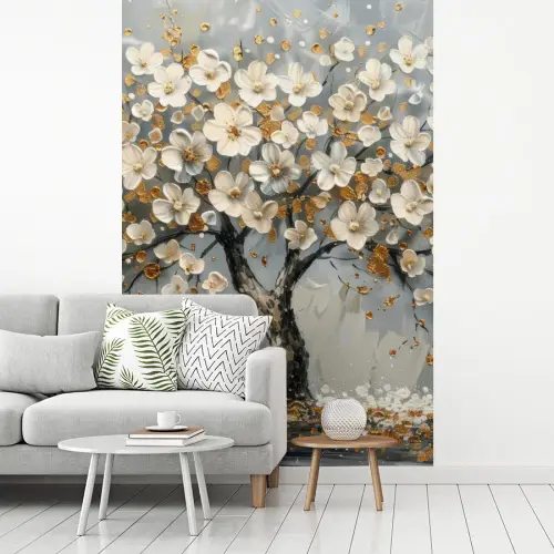 Boom - Bloemen - Wit - Natuur - Kunst fotobehang vinyl groot -woonkamer
