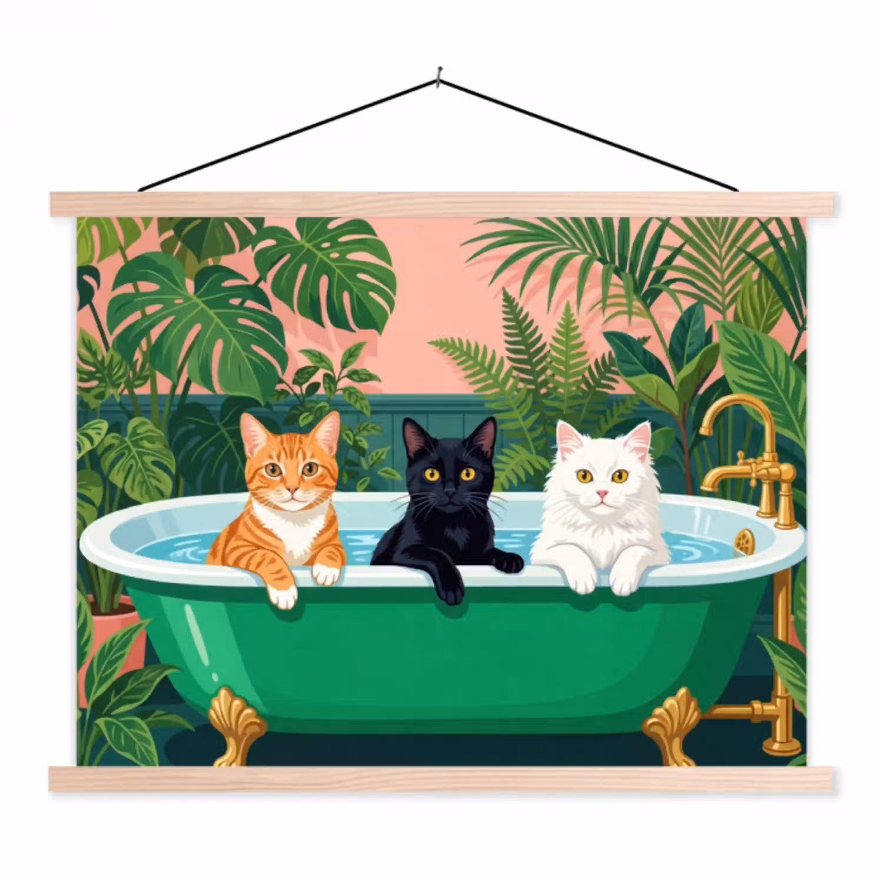 Badkamer - Kattenparade - Kleurrijk textielposter latten blank klein -3d