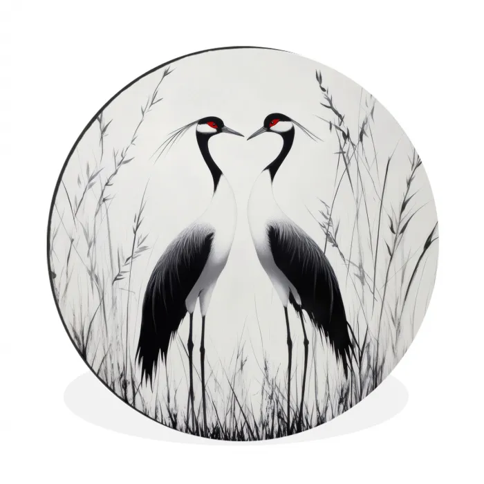 Kraanvogels - Gras - Hartvorm - Zwart Wandcirkel aluminium klein -3d