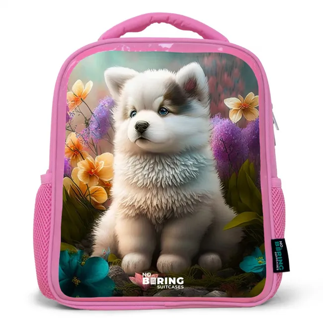 Kids' Backpacks Pink -. White puppy in a flower meadow