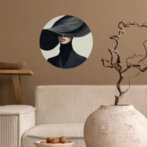 Zwart - Vrouw - Hoed Wandcirkel behangsticker klein -sfeer1