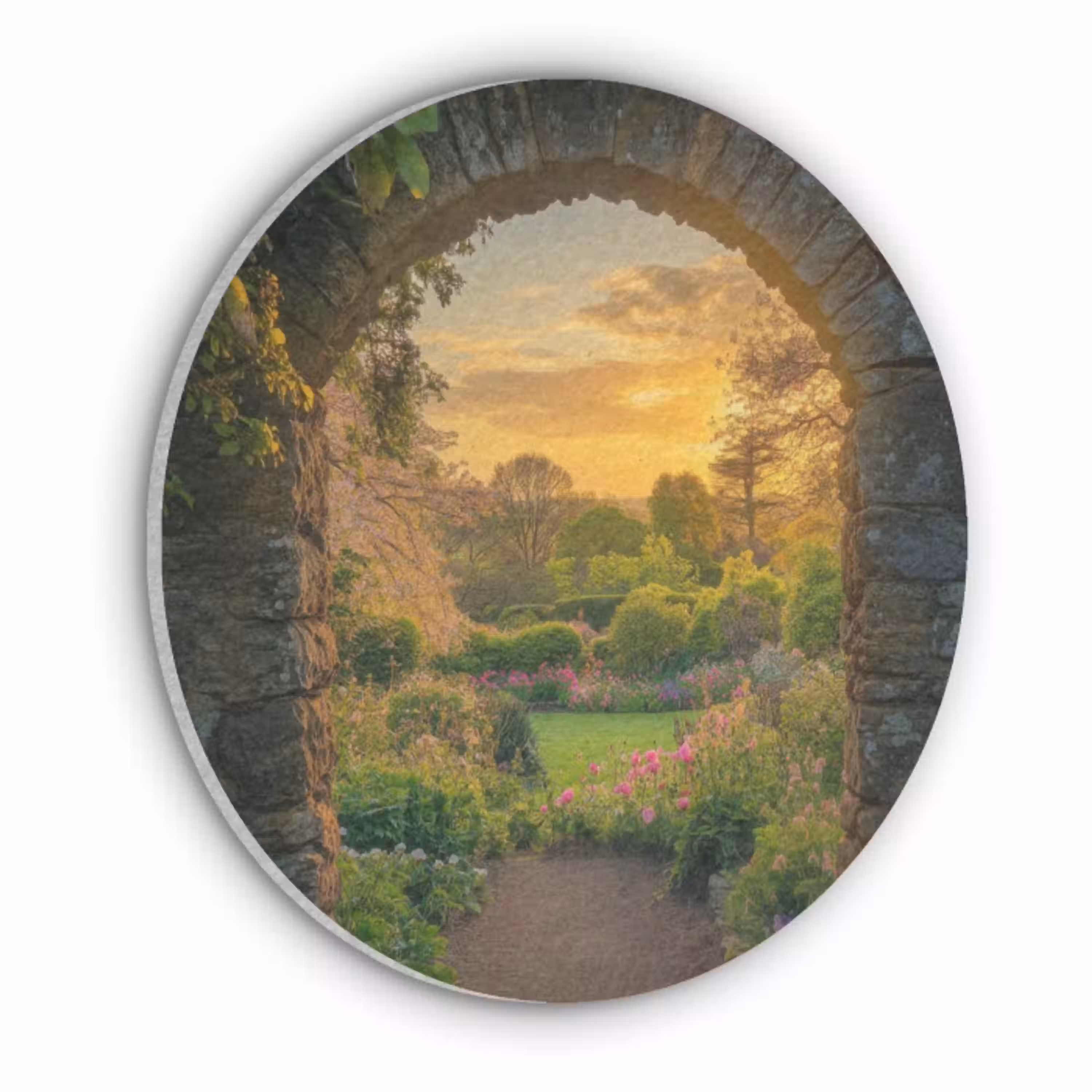 Poort - Planten - Zonsondergang Akoestische PET Vilt - Rond klein -3d