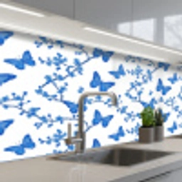 Vlinder - Bloemen - Blauw keuken achterwand 2 middel 871 -3d_schuin