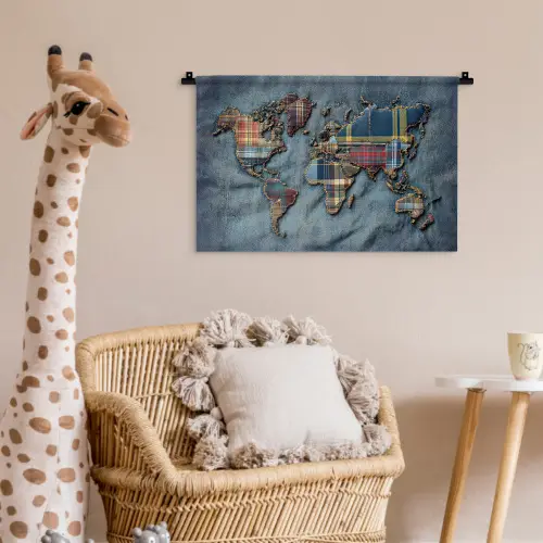Wereldkaart - Denim - Textiel Wandkleed katoen klein -wsfeer5_kind