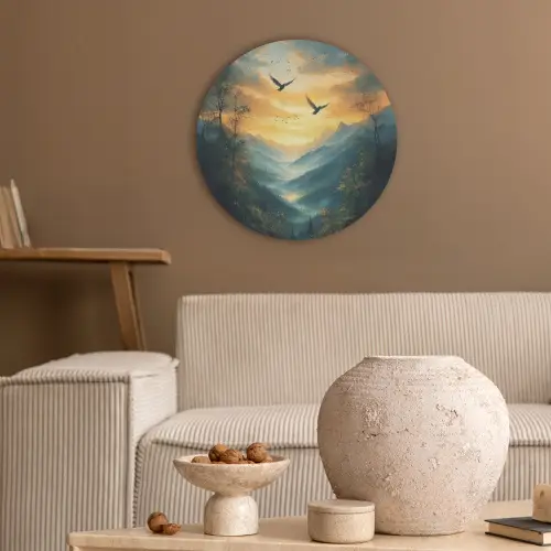 Vogels - Zon - Bomen - Groen Akoestische PET Vilt - Rond klein -sfeer1