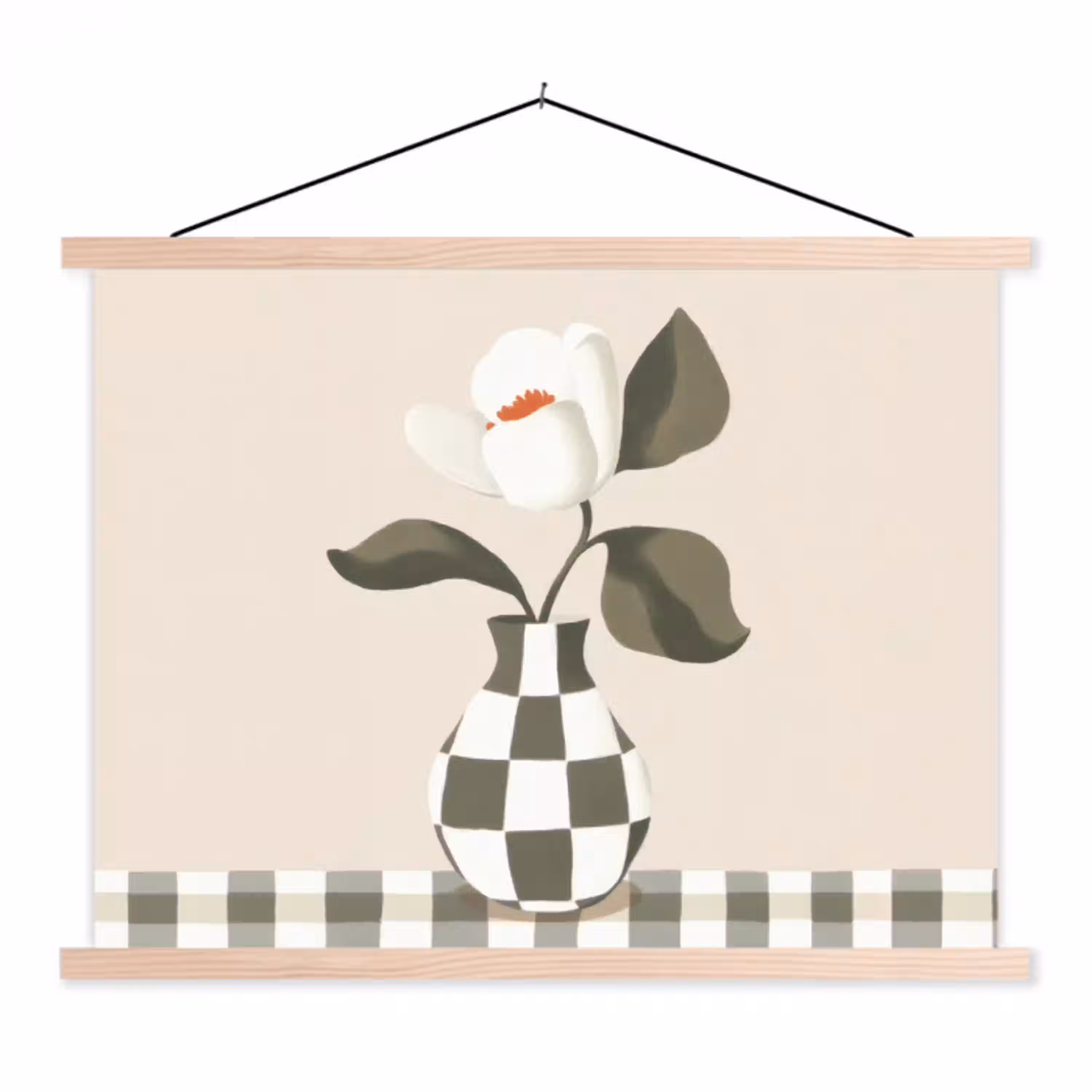 Vaas - Geruit - Groen - Bloem textielposter latten blank klein -3d