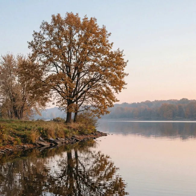 Behang - Bomen - Reflectie - Water - Zonsopgang - Serene