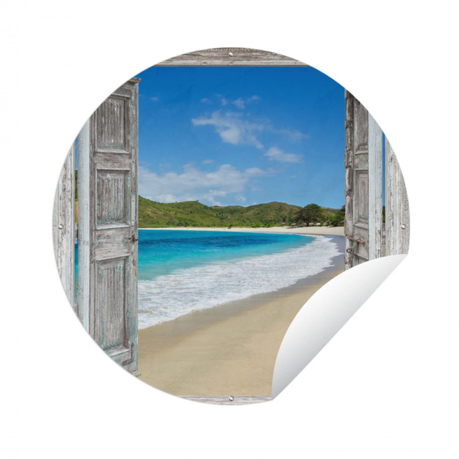 Zee - Tropical - Doorkijk - Strand Wandcirkel tuinposter met ringen klein -3d