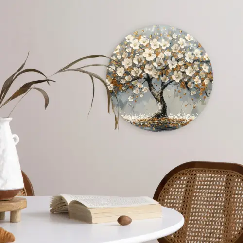 Boom - Bloemen - Wit - Natuur - Kunst Wandcirkel kunststof plaat 5mm dik klein -sfeer4
