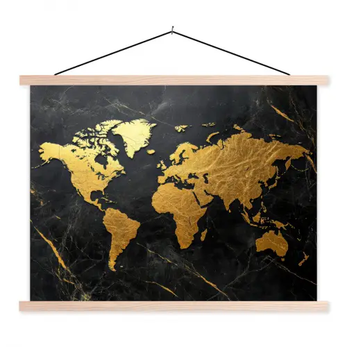 Wereldkaart - Goud - Marmer textielposter latten blank klein -3d