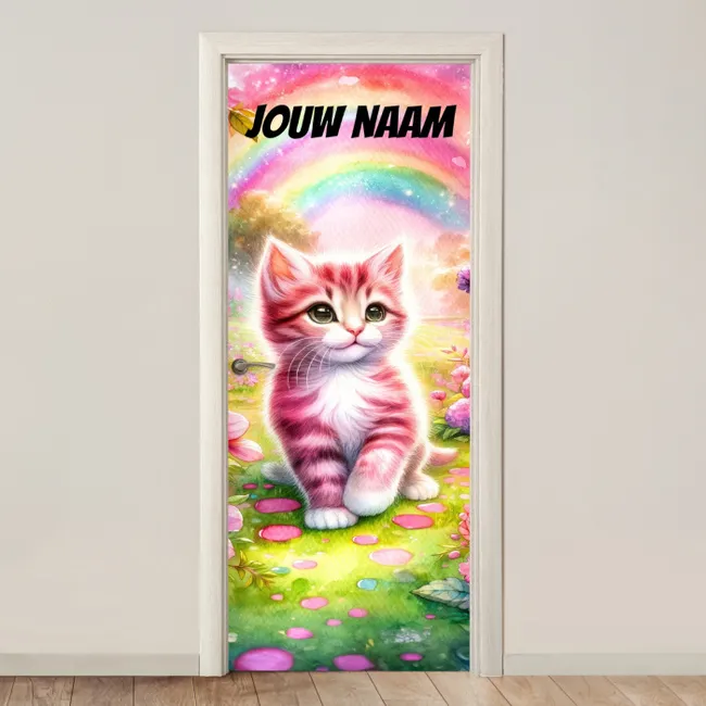Deursticker met naam - Kitten - Regenboog - Roze