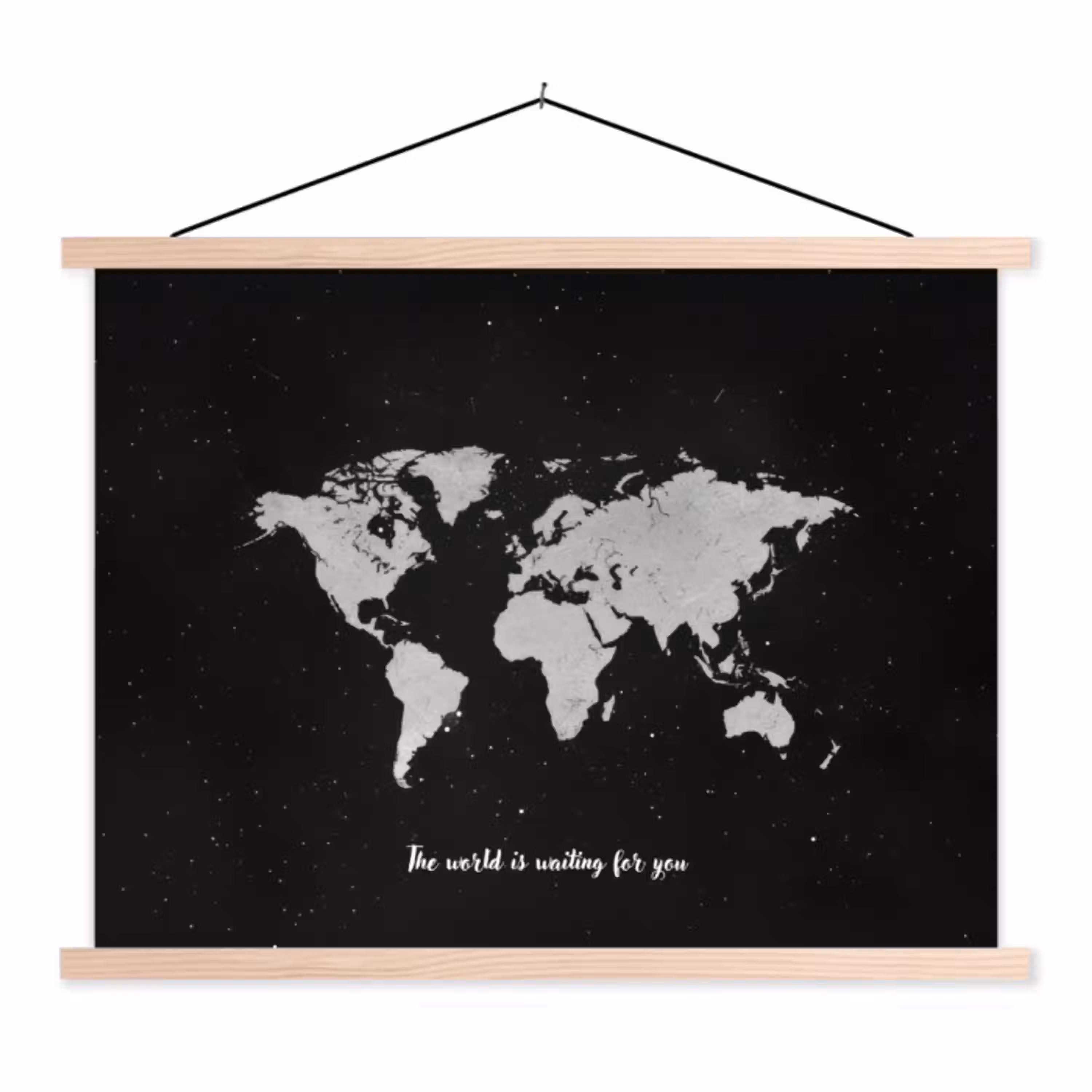 Quote - Wereldkaart - Zwart textielposter latten blank klein -3d