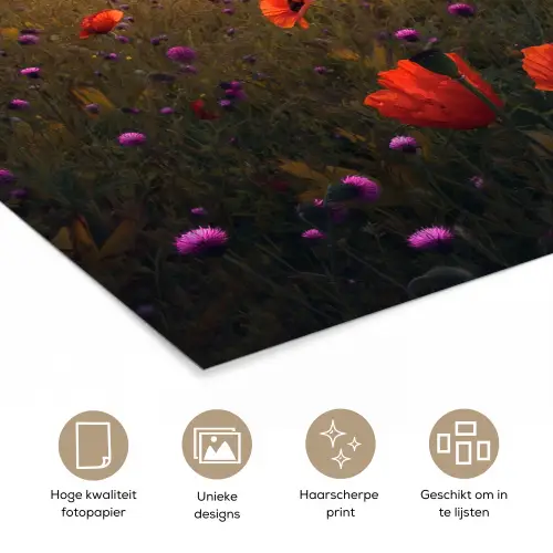 Bloemenveld - Gras - Bloemen - Planten - Zonsondergang - Oranje poster papier klein -closeup_NL