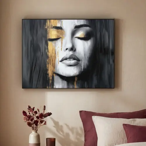 Gezicht - Vrouw - Penseelstreken - Abstract Textielframe - compleet frame klein -sfeer1