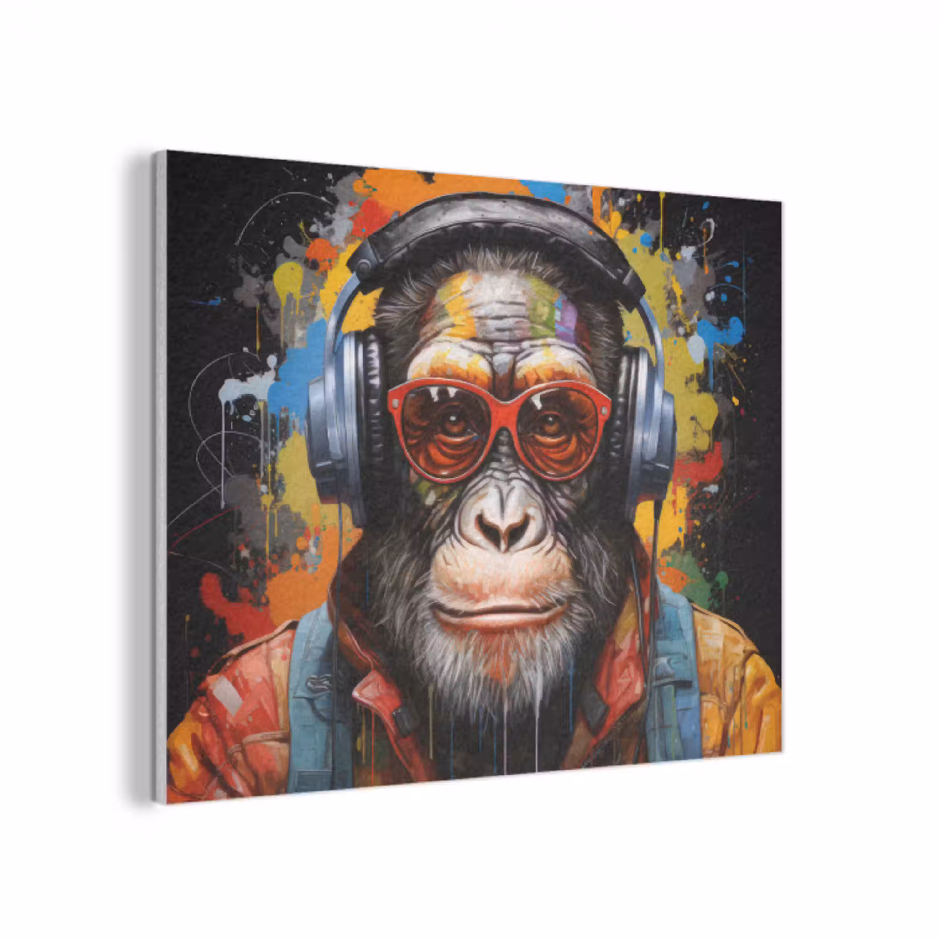 Chimpansee - Aap - dieren - Graffiti - Bril - Koptelefoon - Kleuren PET vilt klein -3d