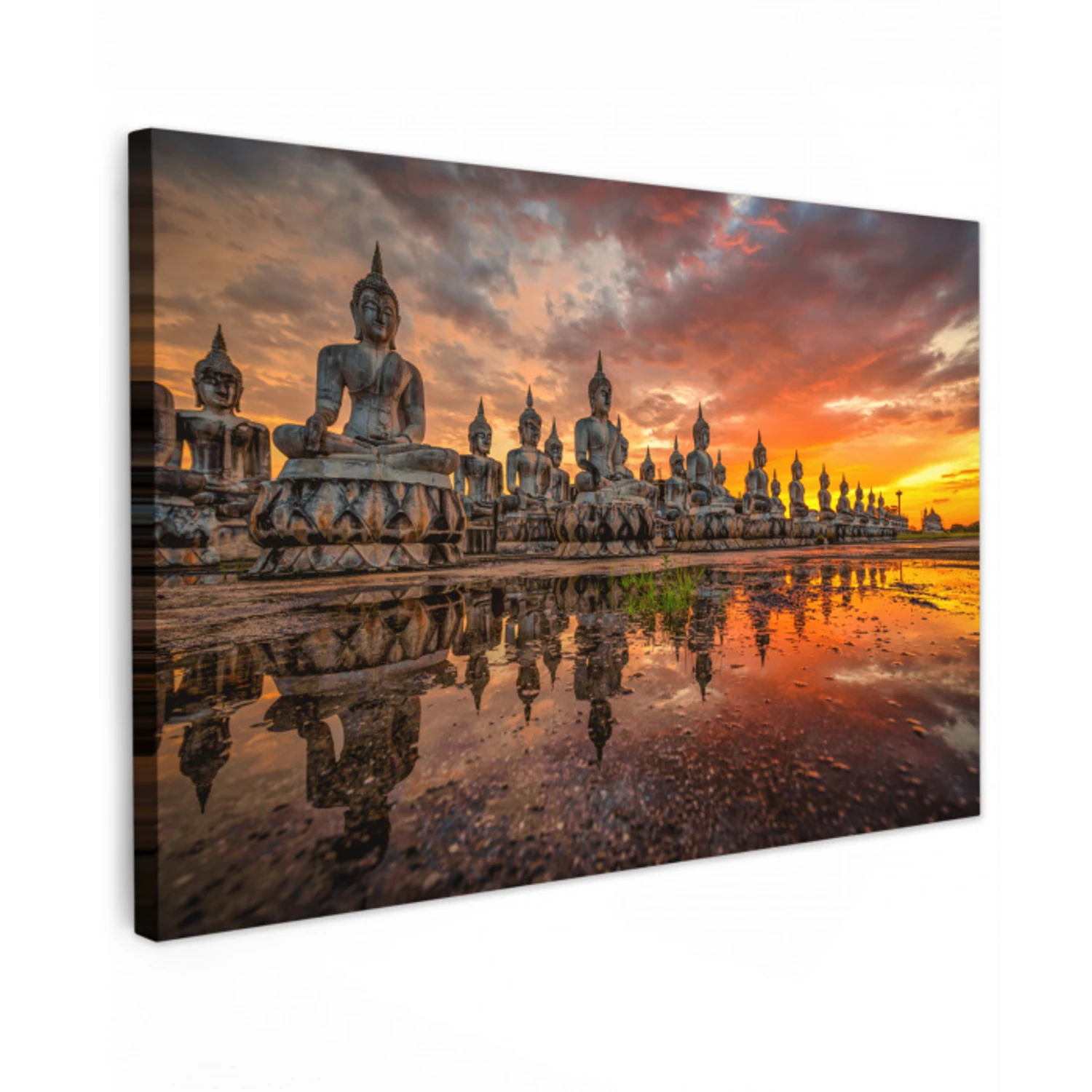 Boeddha beelden - Zonsondergang - Water - Boeddhisme Tuinposter op houten frame 2 cm dik klein -3d