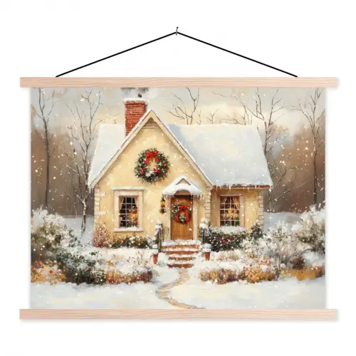 Kerst - Huis - Winter - Sneeuw textielposter latten blank klein -3d
