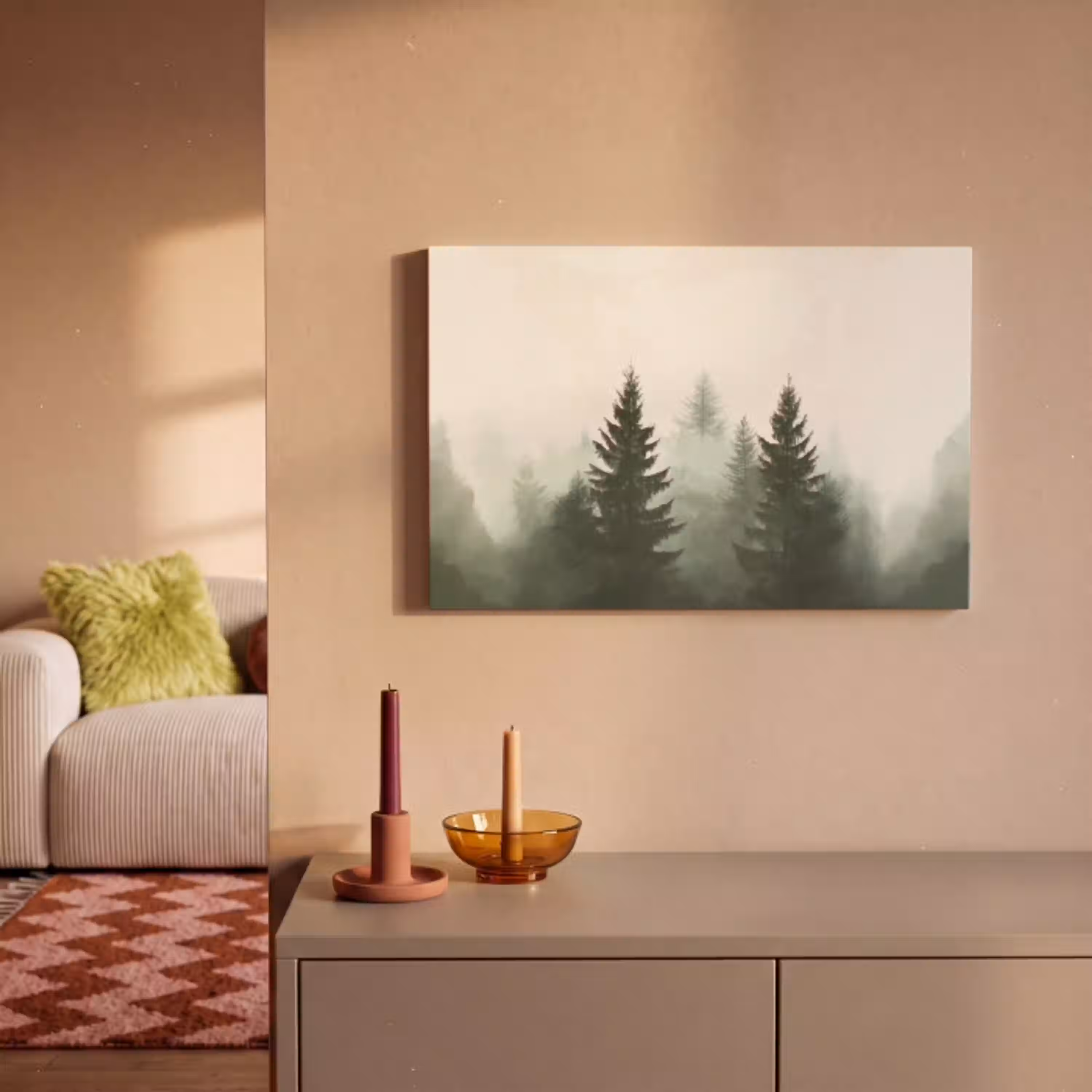 Sparren - Bomen - Groen - Beige canvas 2cm klein -sfeer1