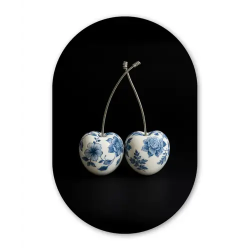 Kersen - Delfts blauw - Fruit Wandcirkel Ovaal Glas middel -3d