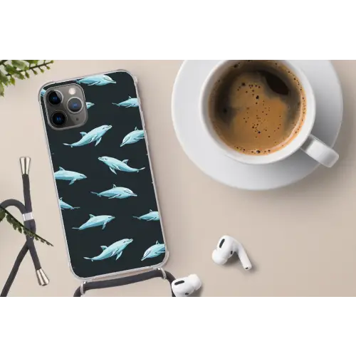 Dolfijnen - Patroon - Blauw - Grijs Hoesje iPhone 12 Pro met koord klein -oordop