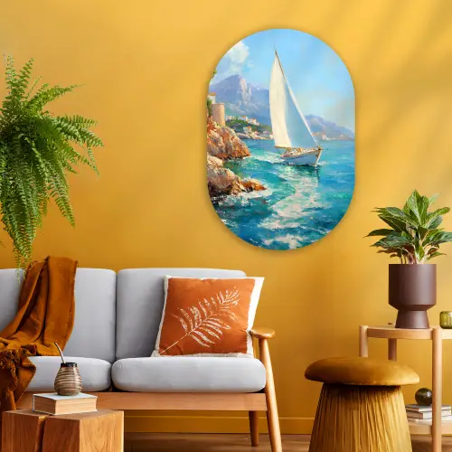 Zeilboot - Rotsen - Kust - Huizen Wandcirkel Ovaal Glas middel -sfeer4