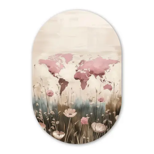 Wereldkaart - Roze - Bloemen Wandcirkel Ovaal Forex klein -3d