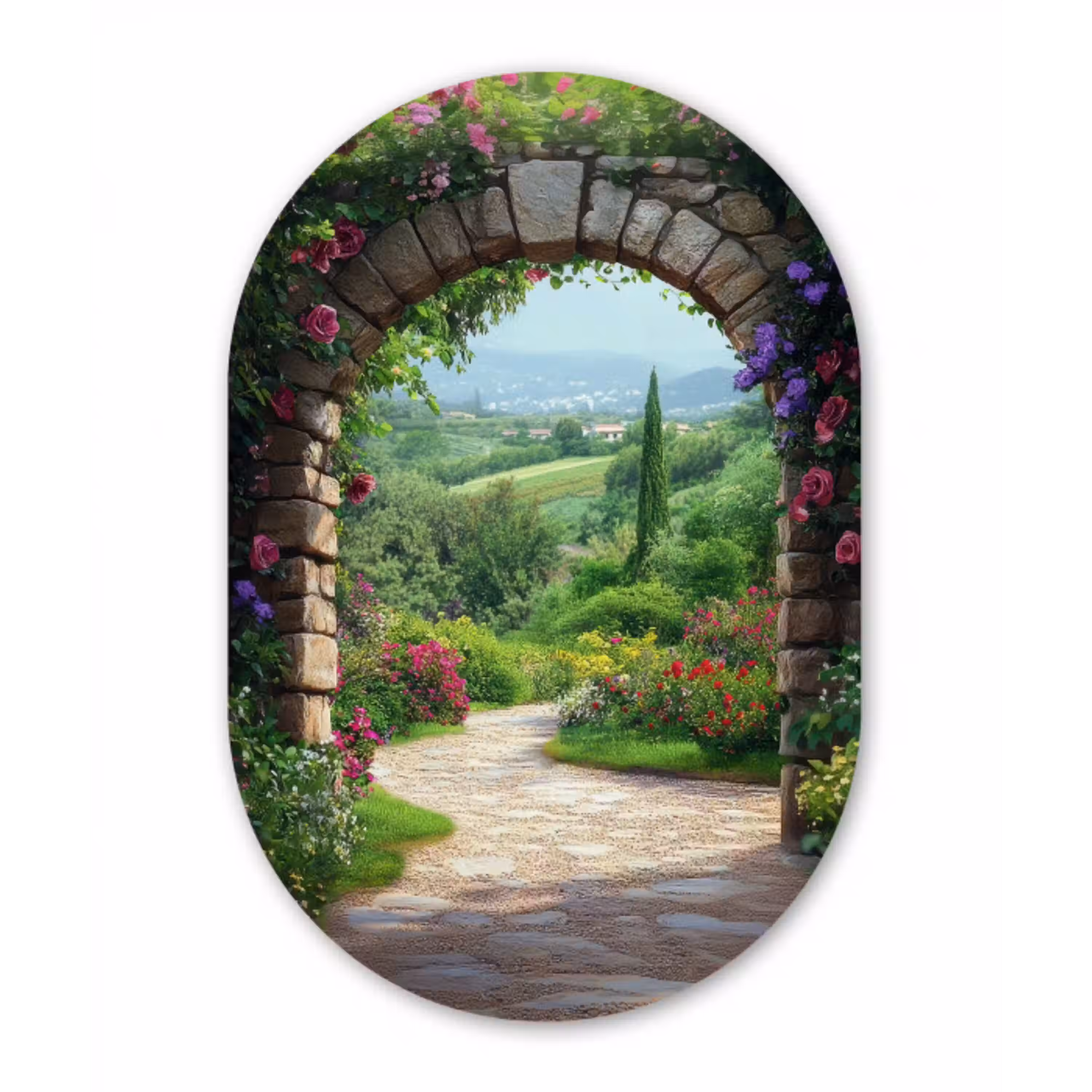 Doorkijk - Landschap - Bloemen - Pad - Uitzicht Wandcirkel Ovaal Aluminium middel -3d