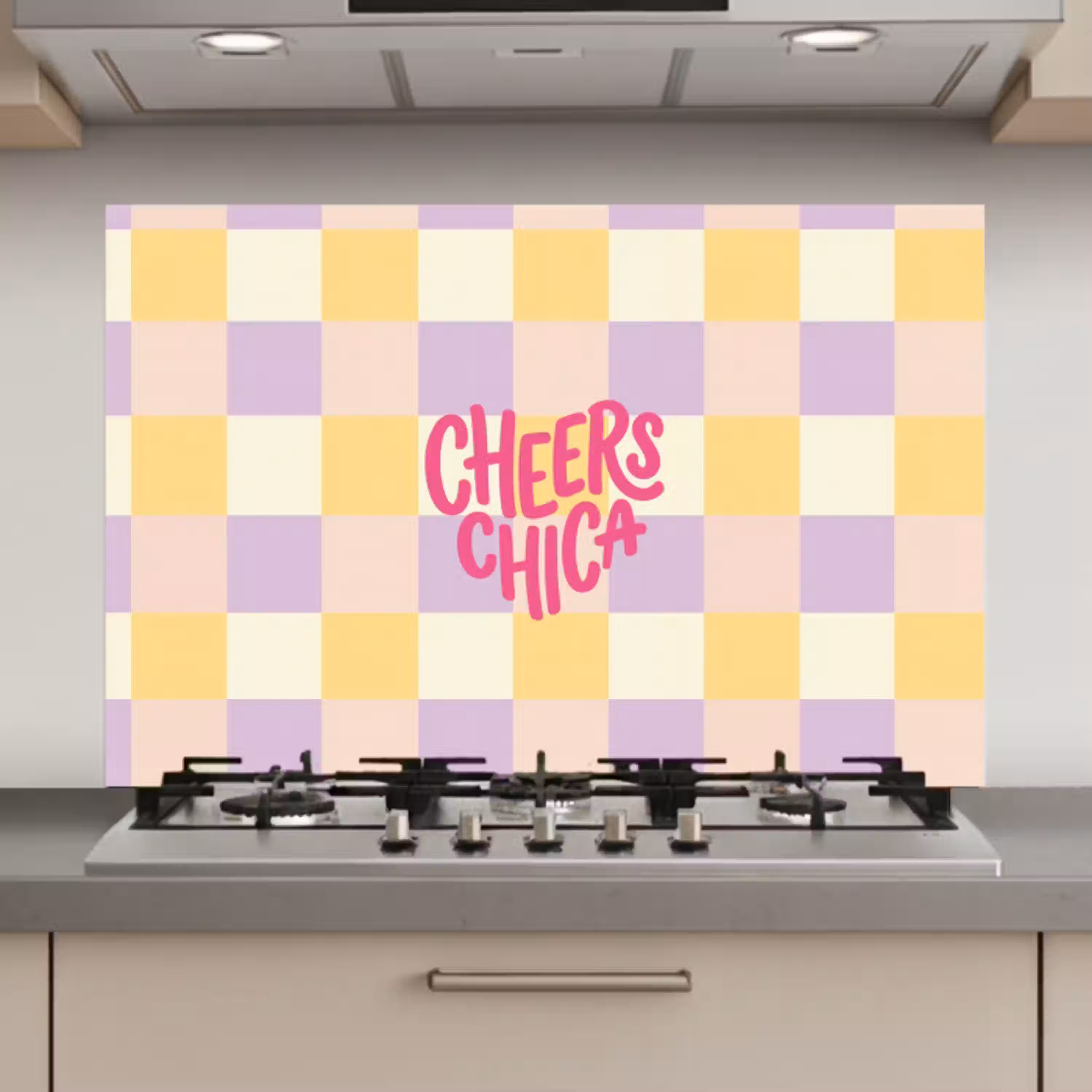 Cheers Chica - Ruitjes - Lila - Geel keuken achterwand spatscherm klein -3d_website