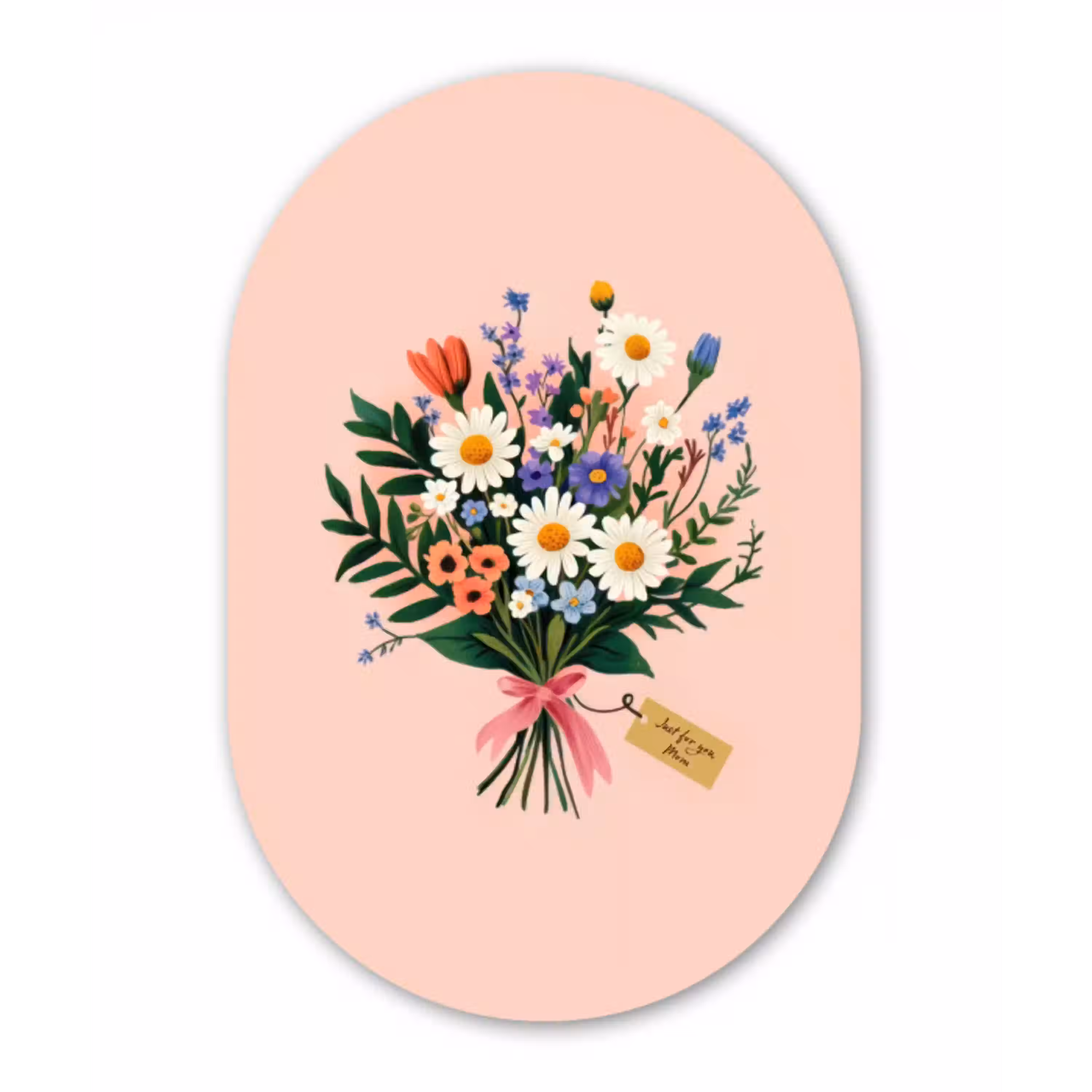 Margrieten - Boeket - Strikje - Roze Wandcirkel Ovaal Glas middel -3d