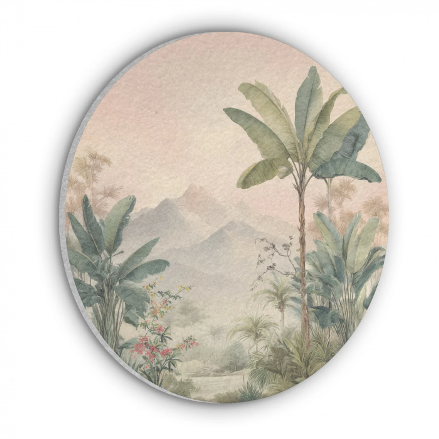 Tropisch landschap - palmbomen - Bloemen - Roze lucht Akoestische PET Vilt - Rond klein -3d