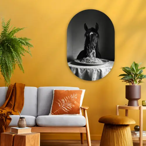 Paard - Bord - Pasta - Tafelkleed - Zwart Wit - Dieren Wandcirkel Ovaal Glas middel -sfeer4