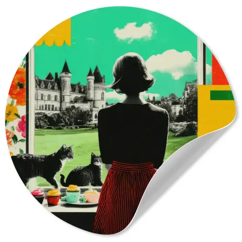 Vrouw - Keuken - Katten - Doorkijk Wandcirkel behangsticker klein -3d
