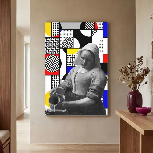 Collage - Mondriaan - Melkmeisje Textielframe zilver middel -sfeer2