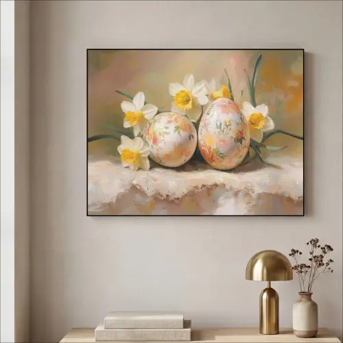 Bloemen - Eieren - Geschilderd Textielframe zwart klein -sfeer2
