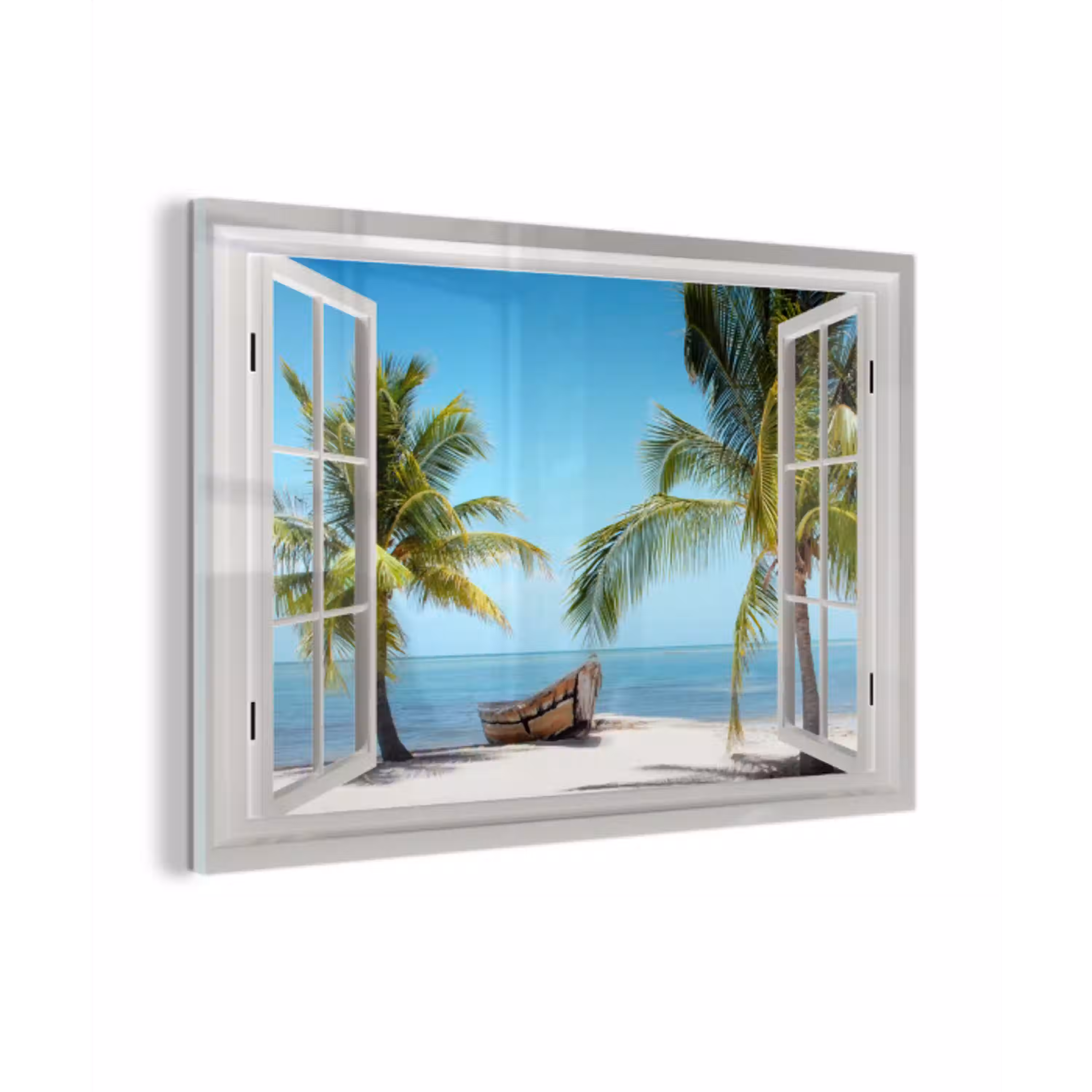 Doorkijk - Strand - Palmboom - Boot - Tropisch - Zee - Blauw plexiglas 5mm klein -z3d
