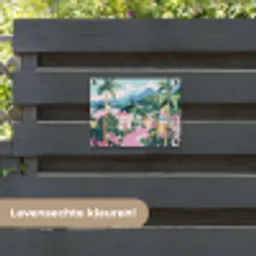 Kleurrijk - Huizen - Heuvels - Roze tuinposter los doek klein -sfeer3