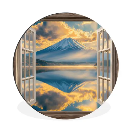 Doorkijk - Landschap - Bergen - Uitzicht - Raam Wandcirkel aluminium klein -3d