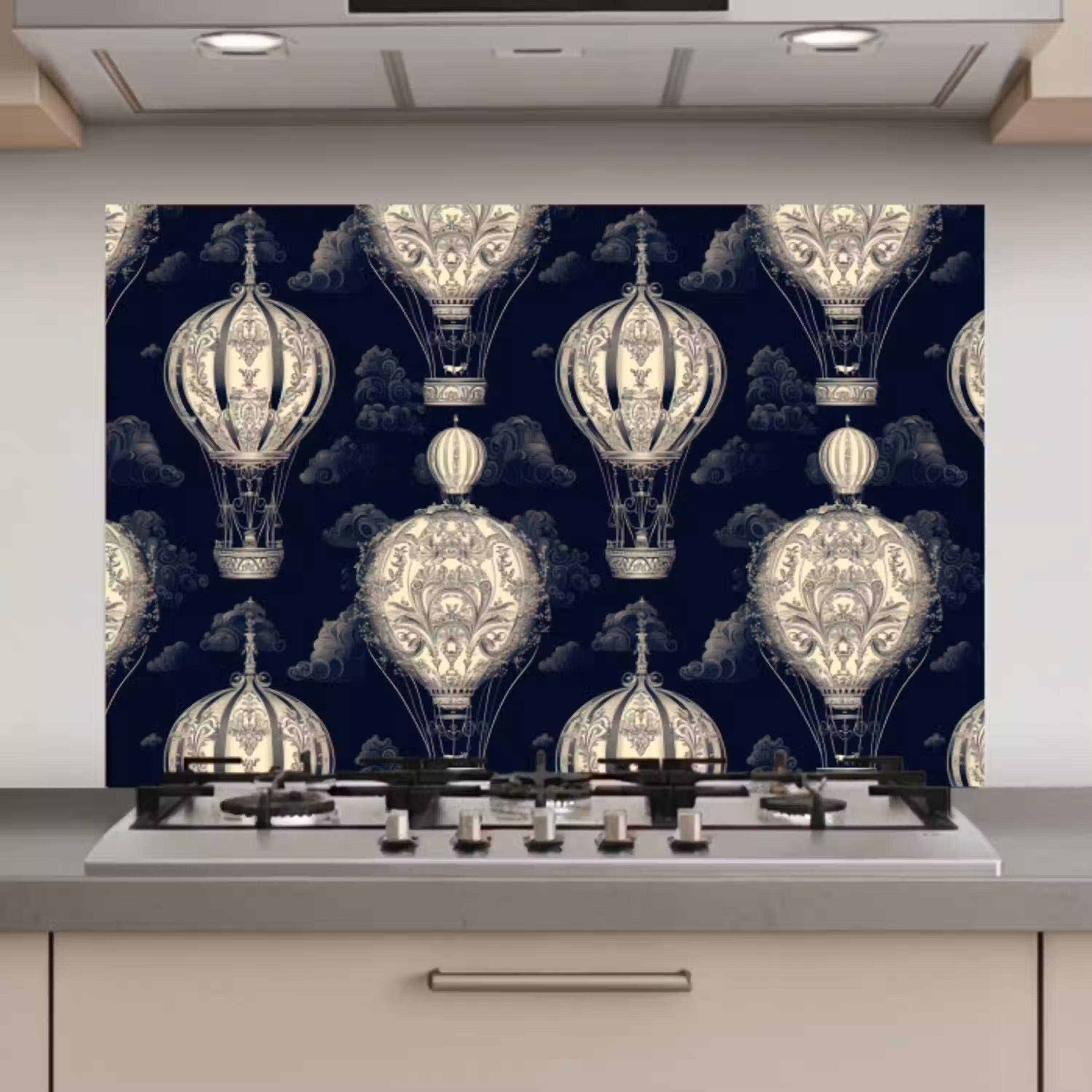 Luchtballonnen - Wolken - Patroon - Donkerblauw keuken achterwand spatscherm klein 900 -3d_website