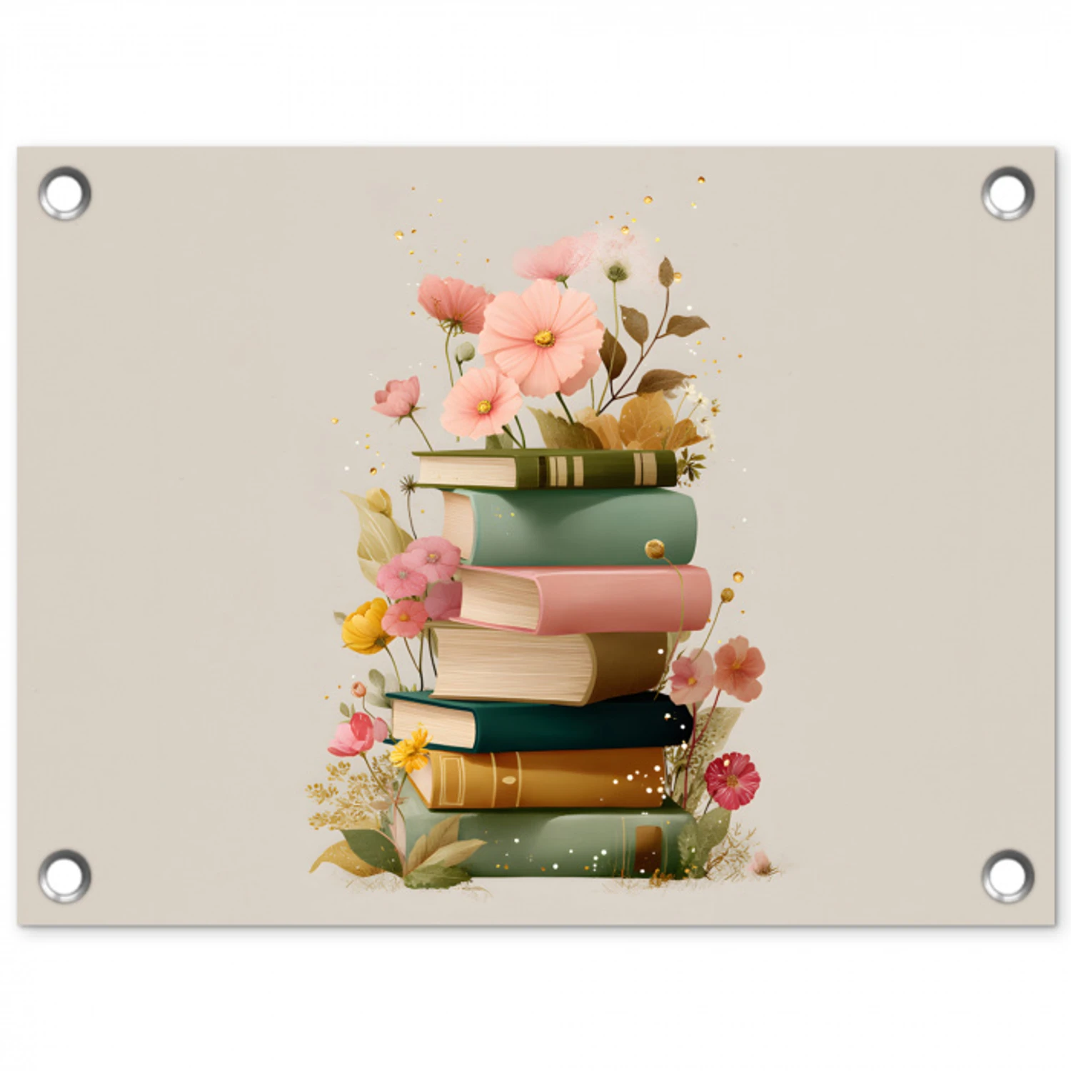 Boeken - Stapel - Bloemen - Kleurrijk tuinposter los doek klein -3d