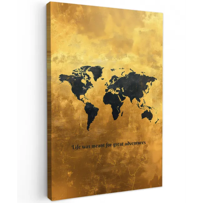 Quote - Goud - Wereldkaart - Zwart Tuinposter op houten frame 2 cm dik middel -3d