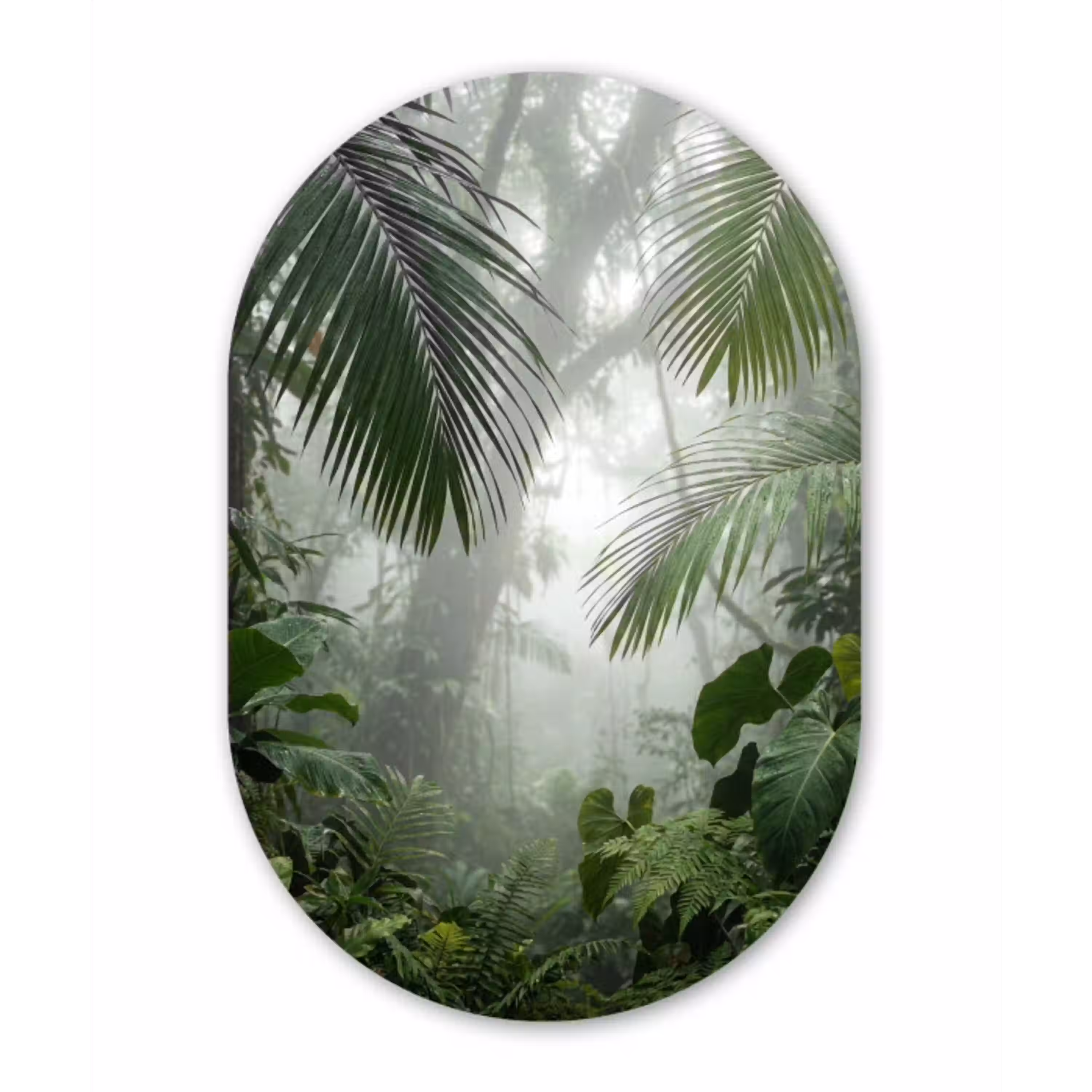 Natuur - Jungle - Mist - Tropisch - Groen Wandcirkel Ovaal Aluminium middel -3d